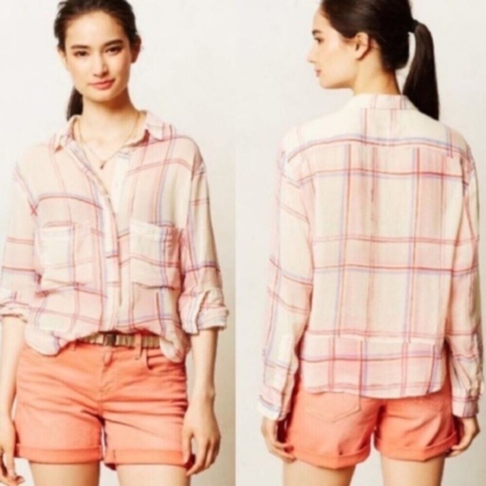 Anthropologie Holding Horses Brushed Plaid Cream/Pink Sheer Button Down Top